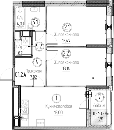 Планировка — Аквилон Верба, 3-комн., 54 м²