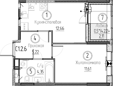 Планировка — Аквилон Верба, 1-комн., 34 м²