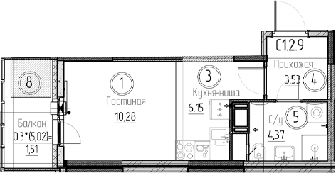 Планировка — Аквилон Верба, Студия, 24 м²