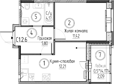 Планировка — Аквилон Верба, 1-комн., 34 м²