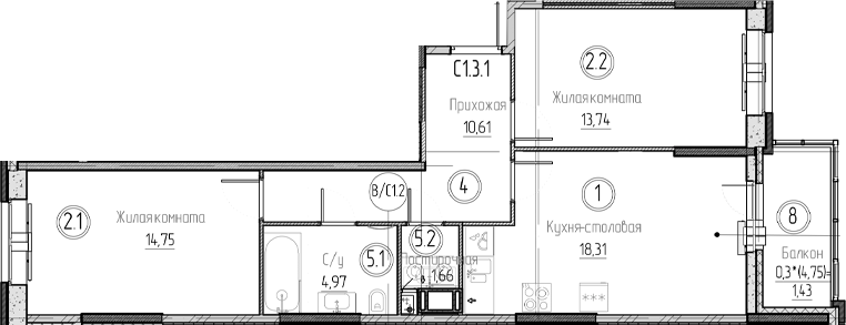 Планировка — Аквилон Верба, 3-комн., 64 м²
