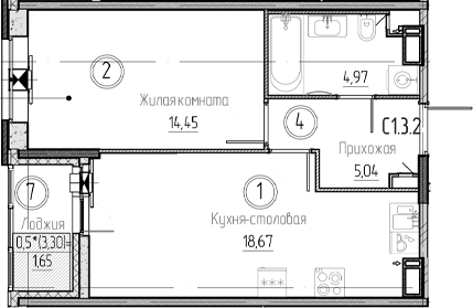 Планировка — Аквилон Верба, 2-комн., 43 м²
