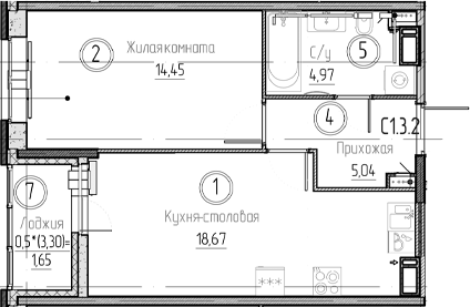 Планировка — Аквилон Верба, 2-комн., 43 м²