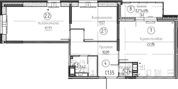 Планировка — Аквилон Верба, 3-комн., 67 м²