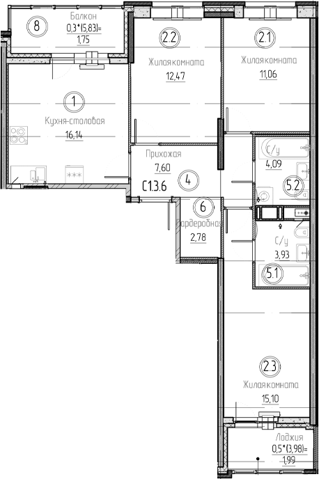 Планировка — Аквилон Верба, 3-комн., 73 м²