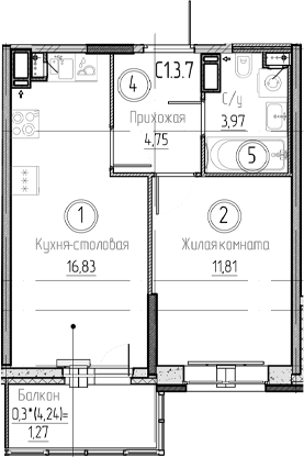 Планировка — Аквилон Верба, 2-комн., 37 м²