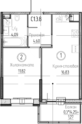 Планировка — Аквилон Верба, 2-комн., 37 м²