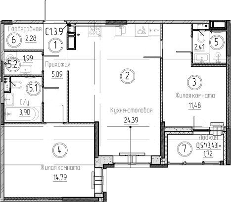 Планировка — Аквилон Верба, 3-комн., 66 м²