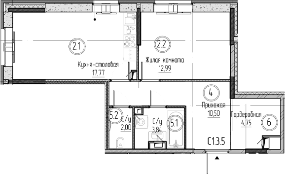 Планировка — Аквилон Верба, 1-комн., 52 м²