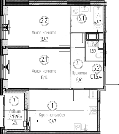 Планировка — Аквилон Верба, 3-комн., 55 м²