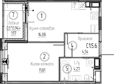 Планировка — Аквилон Верба, 1-комн., 35 м²