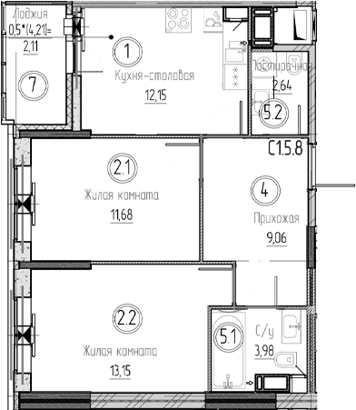 Планировка — Аквилон Верба, 2-комн., 53 м²