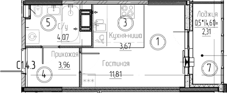 Планировка — Аквилон Верба, Студия, 24 м²