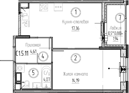 Планировка — Аквилон Верба, 2-комн., 40 м²