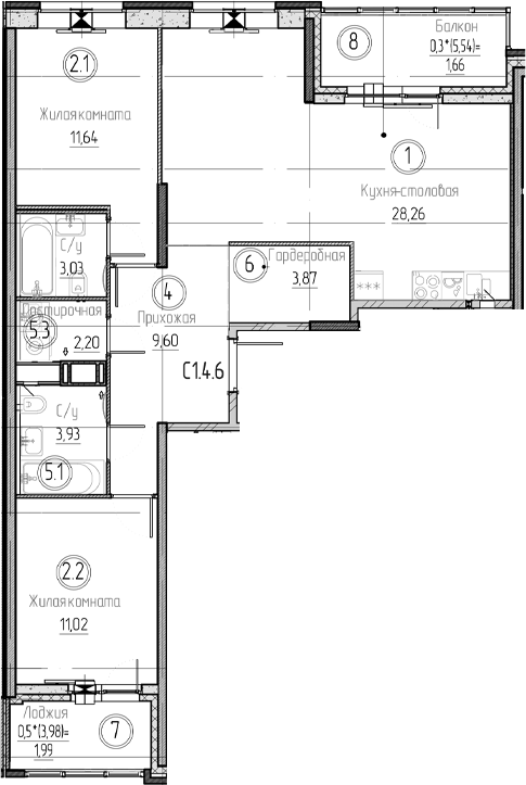 Планировка — Аквилон Верба, 3-комн., 74 м²