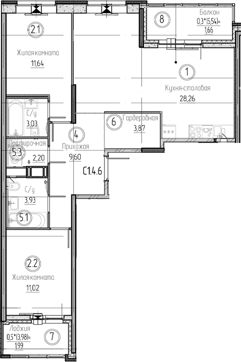Планировка — Аквилон Верба, 3-комн., 74 м²