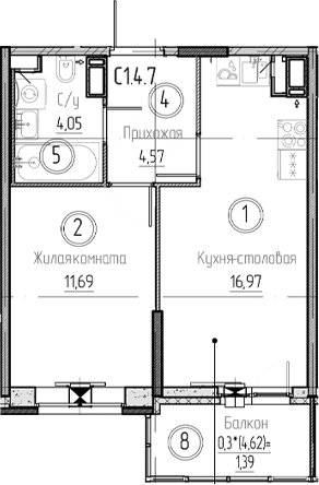 Планировка — Аквилон Верба, 2-комн., 37 м²