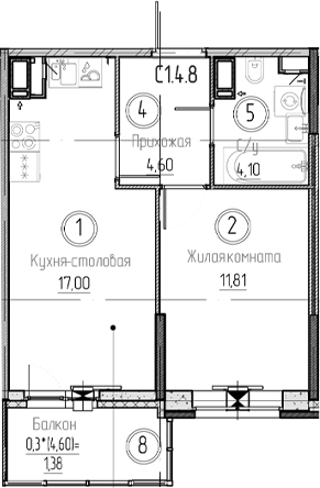 Планировка — Аквилон Верба, 2-комн., 38 м²