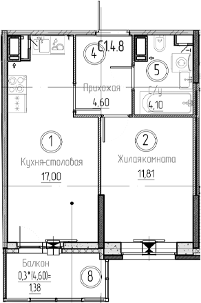 Планировка — Аквилон Верба, 2-комн., 38 м²