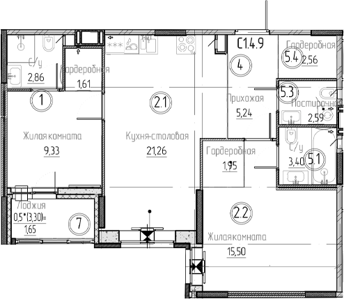 Планировка — Аквилон Верба, 3-комн., 66 м²