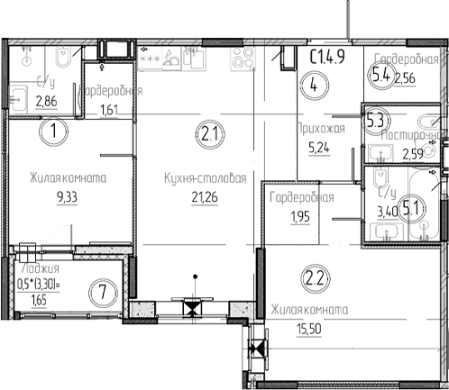 Планировка — Аквилон Верба, 3-комн., 66 м²