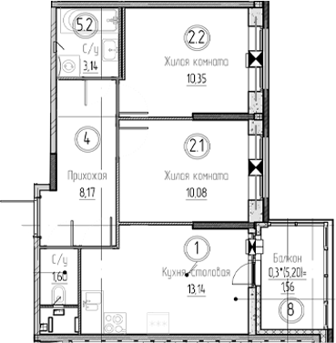 Планировка — Аквилон Верба, 2-комн., 46 м²