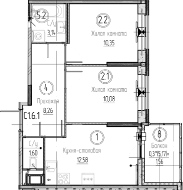 Планировка — Аквилон Верба, 2-комн., 46 м²