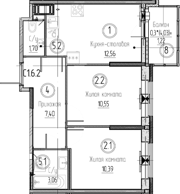 Планировка — Аквилон Верба, 2-комн., 46 м²