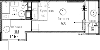 Планировка — Аквилон Верба, Студия, 26 м²