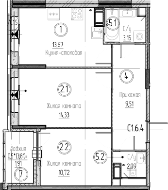Планировка — Аквилон Верба, 2-комн., 53 м²