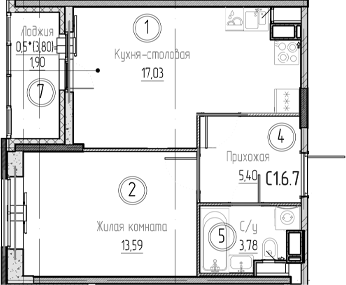 Планировка — Аквилон Верба, 2-комн., 40 м²