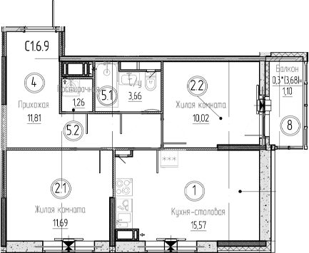 Планировка — Аквилон Верба, 3-комн., 54 м²