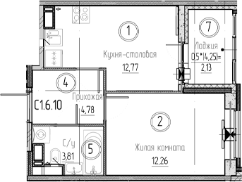 Планировка — Аквилон Верба, 1-комн., 34 м²