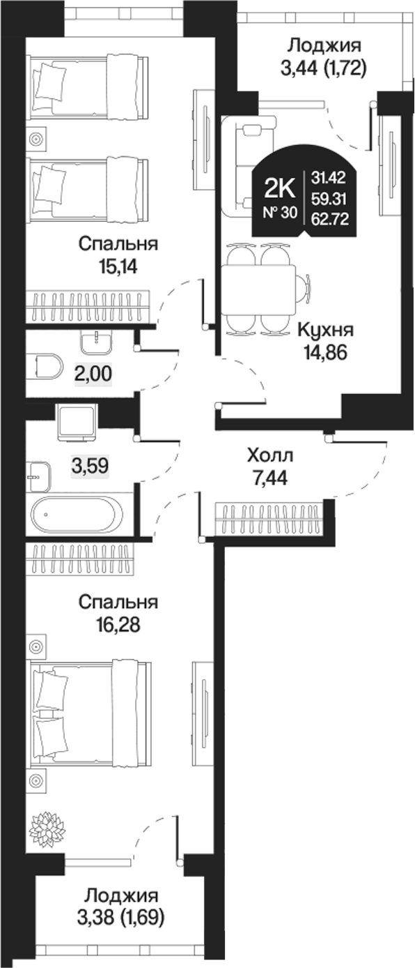 Планировка — Охтинские высоты, 2-комн., 59 м²