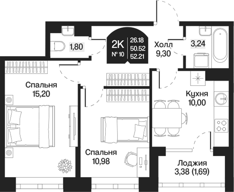 Планировка — Охтинские высоты, 2-комн., 51 м²