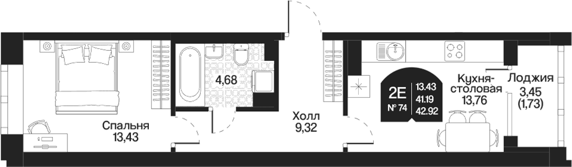 Планировка — Охтинские высоты, 2-комн., 41 м²