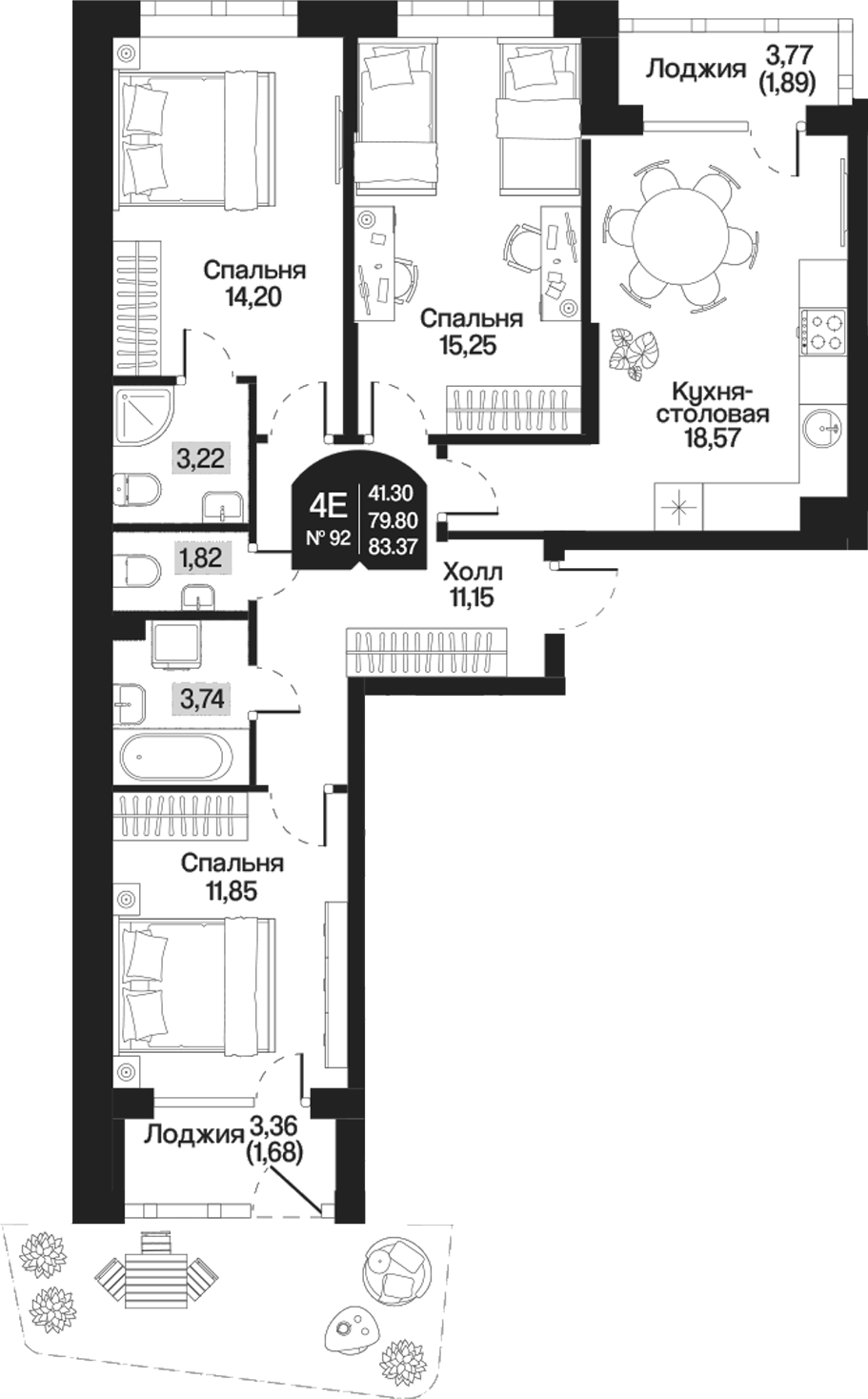 Планировка — Охтинские высоты, 4-комн., 80 м²