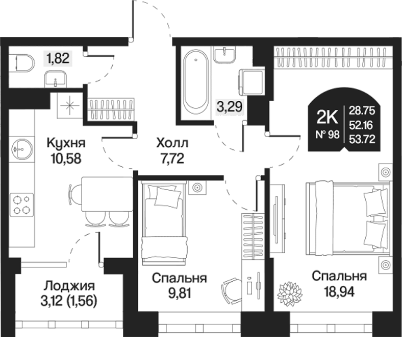 Планировка — Охтинские высоты, 2-комн., 52 м²