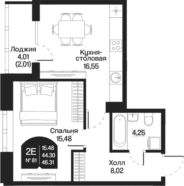 Планировка — Охтинские высоты, 2-комн., 44 м²