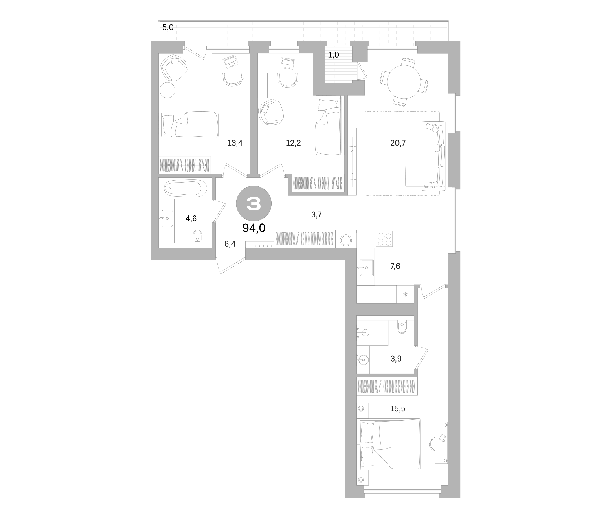 Планировка — Северный ветер, 3-комн., 88 м²