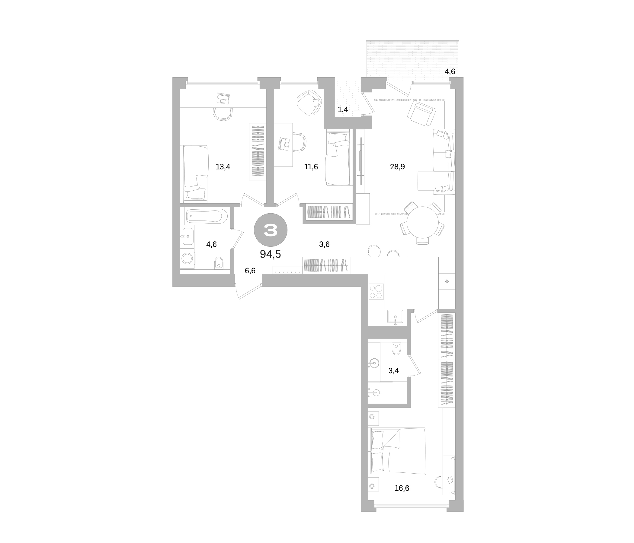 Планировка — Северный ветер, 4-комн., 89 м²