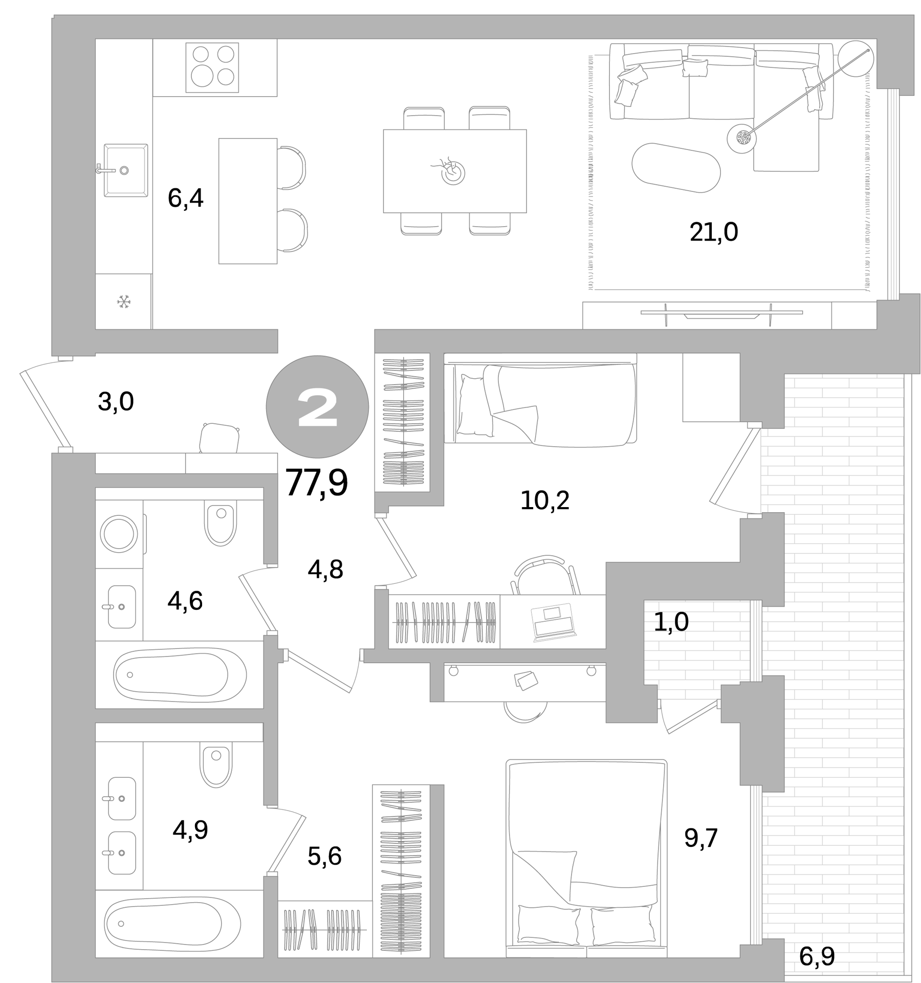 Планировка — Северный ветер, 2-комн., 70 м²