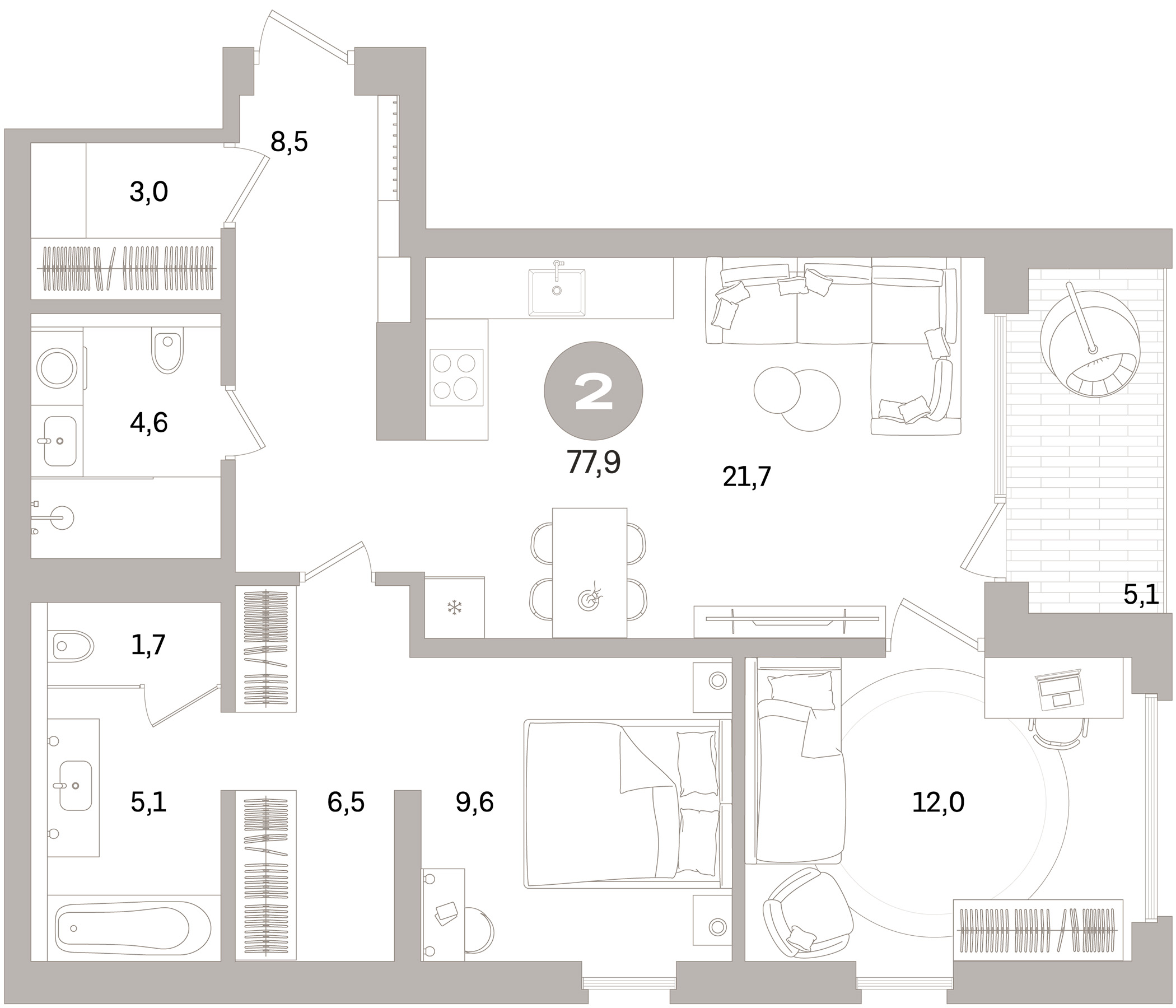 Планировка — Северный ветер, 3-комн., 71 м²