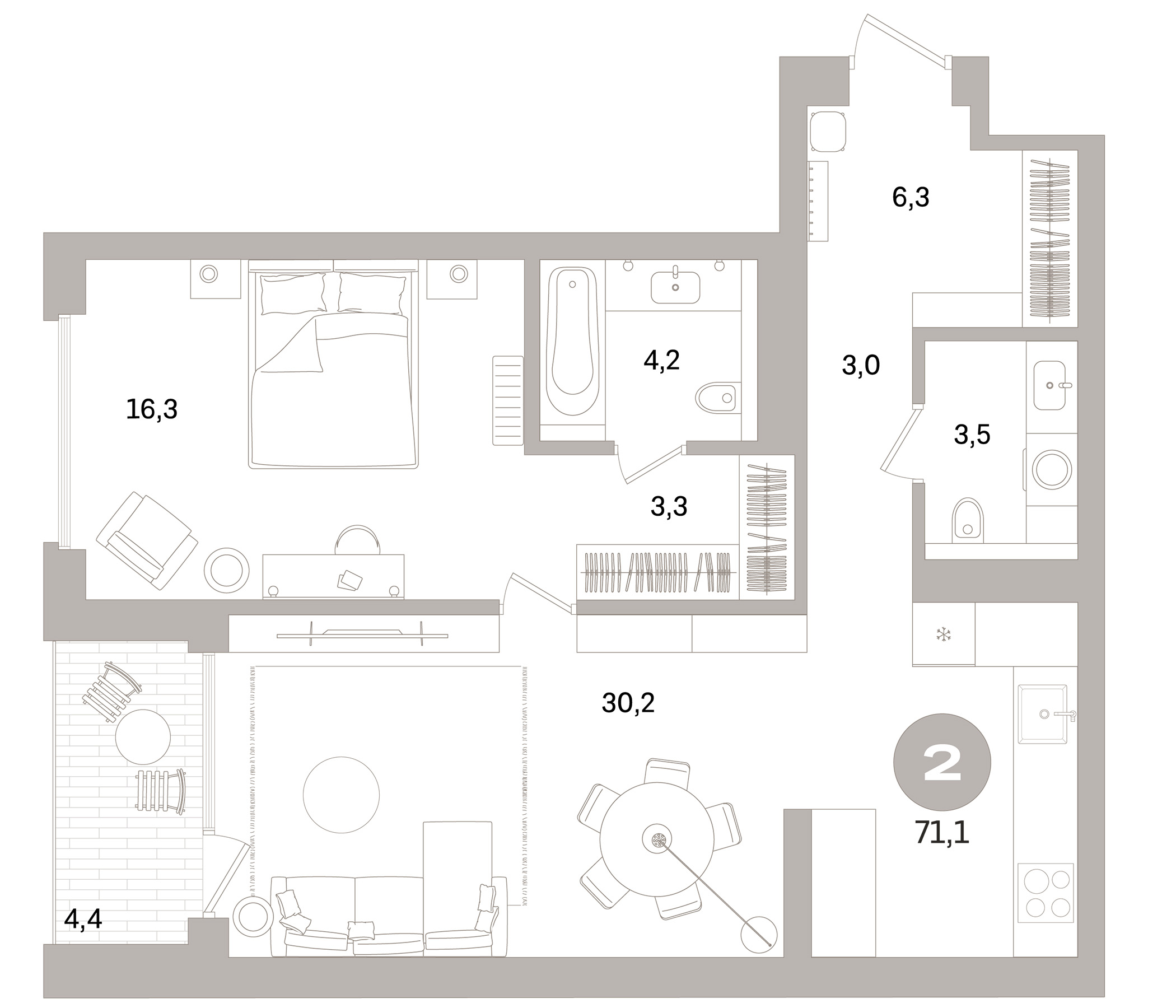 Планировка — Северный ветер, 2-комн., 65 м²