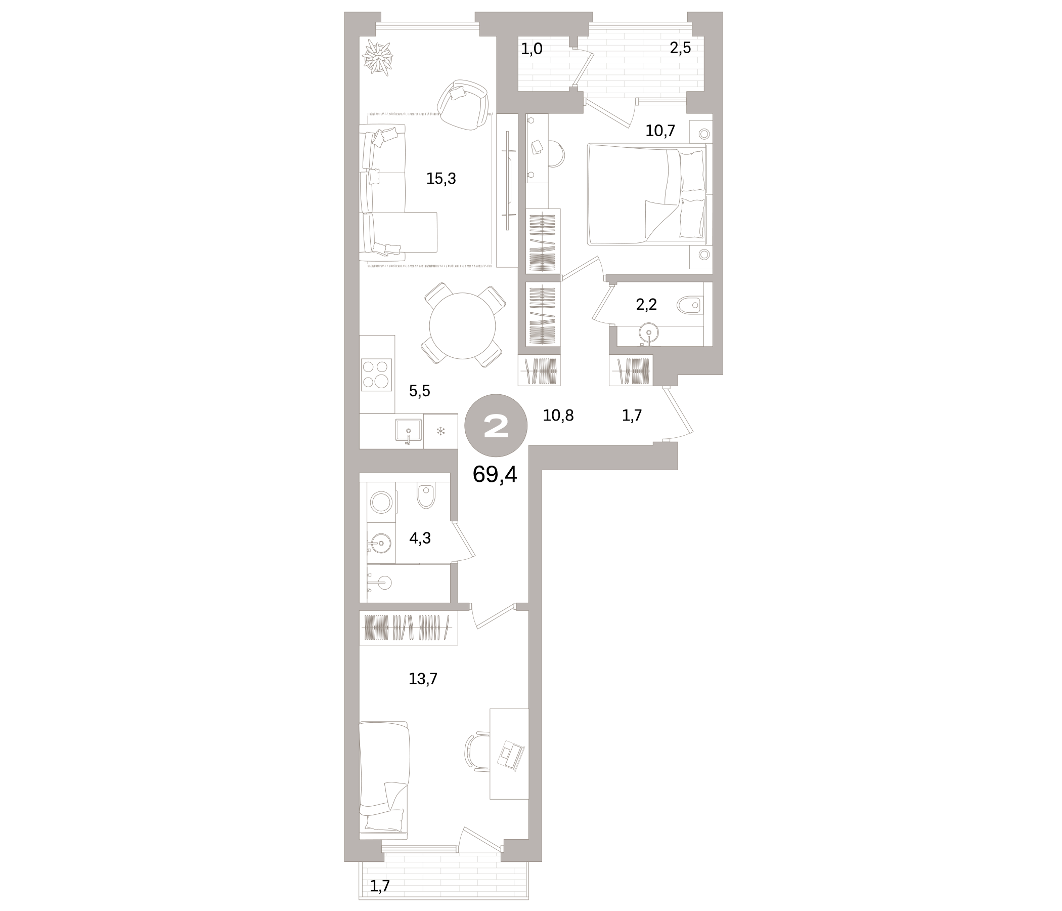 Планировка — Северный ветер, 3-комн., 64 м²