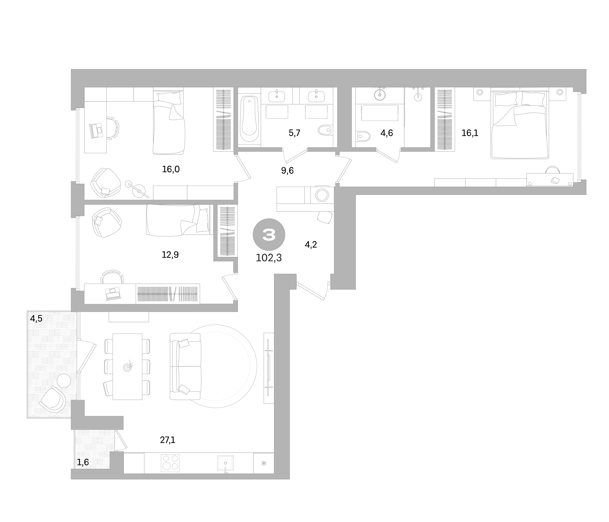 Планировка — Северный ветер, 4-комн., 96 м²
