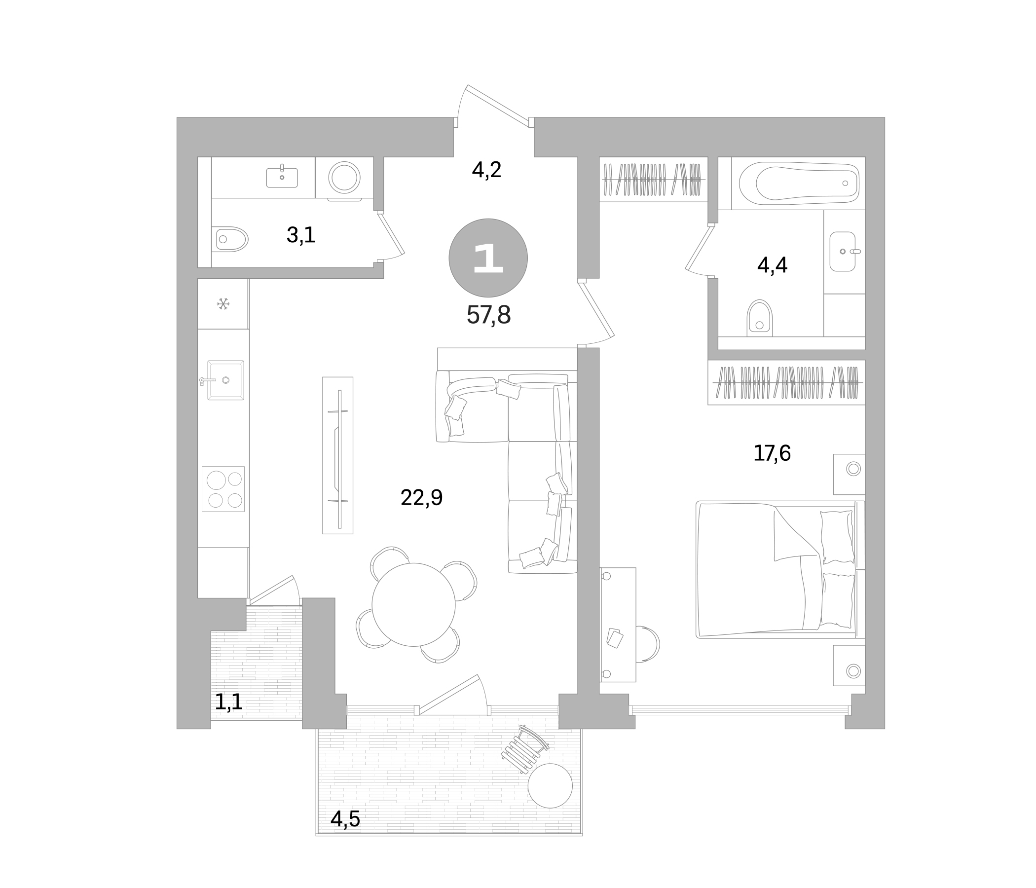 Планировка — Северный ветер, 2-комн., 52 м²