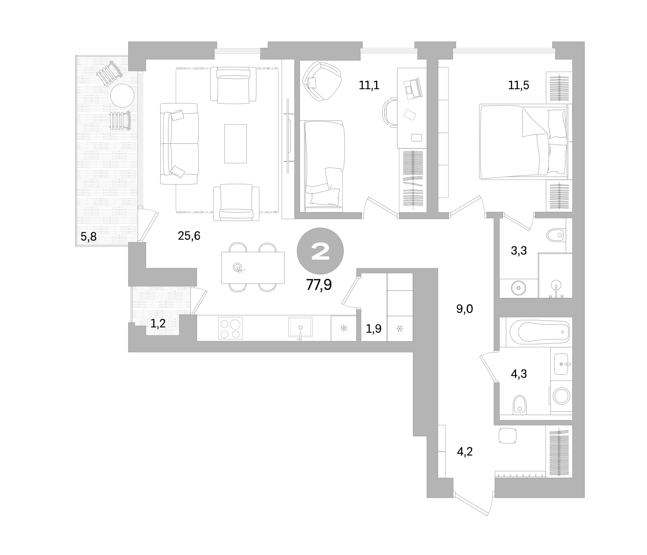 Планировка — Северный ветер, 3-комн., 71 м²