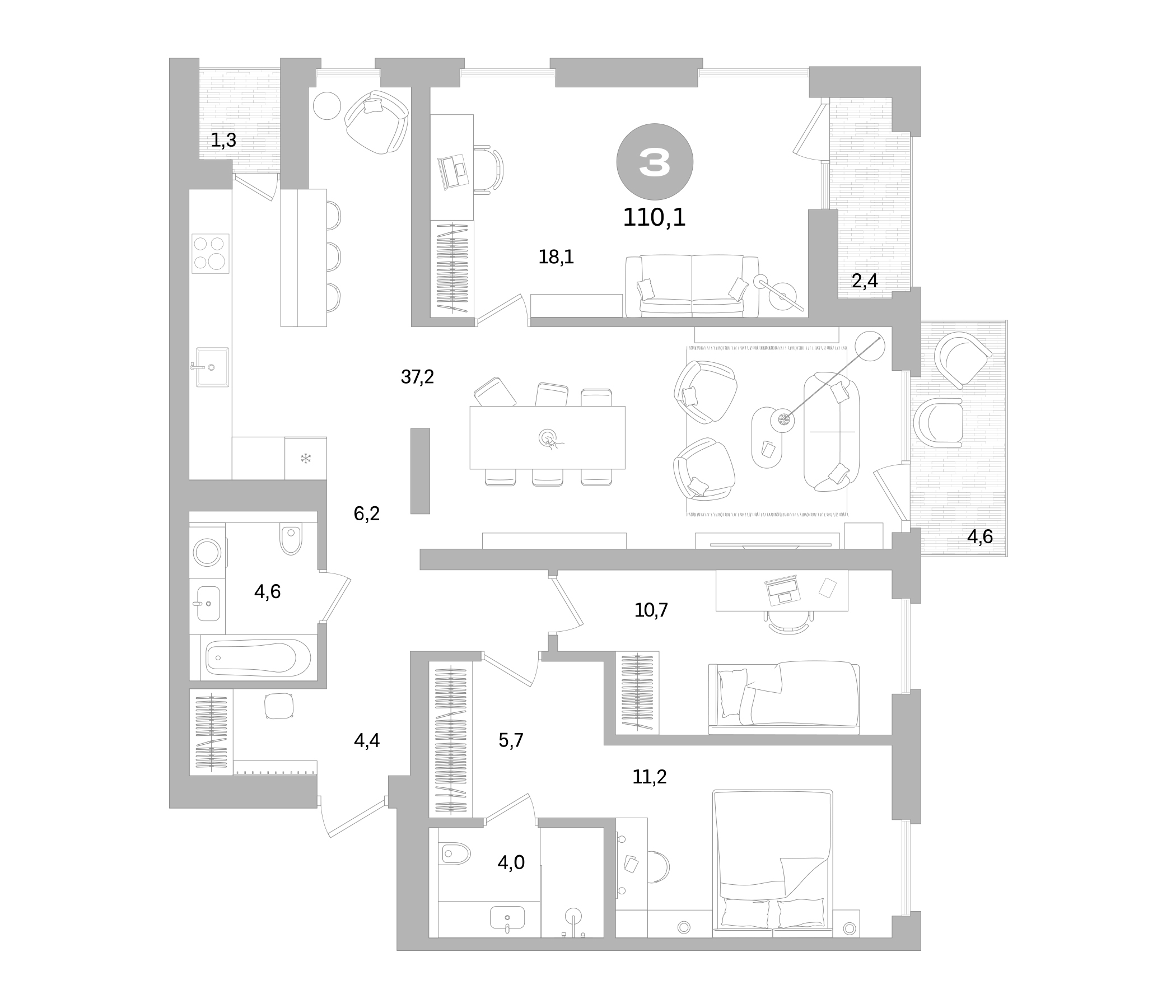 Планировка — Северный ветер, 4-комн., 102 м²