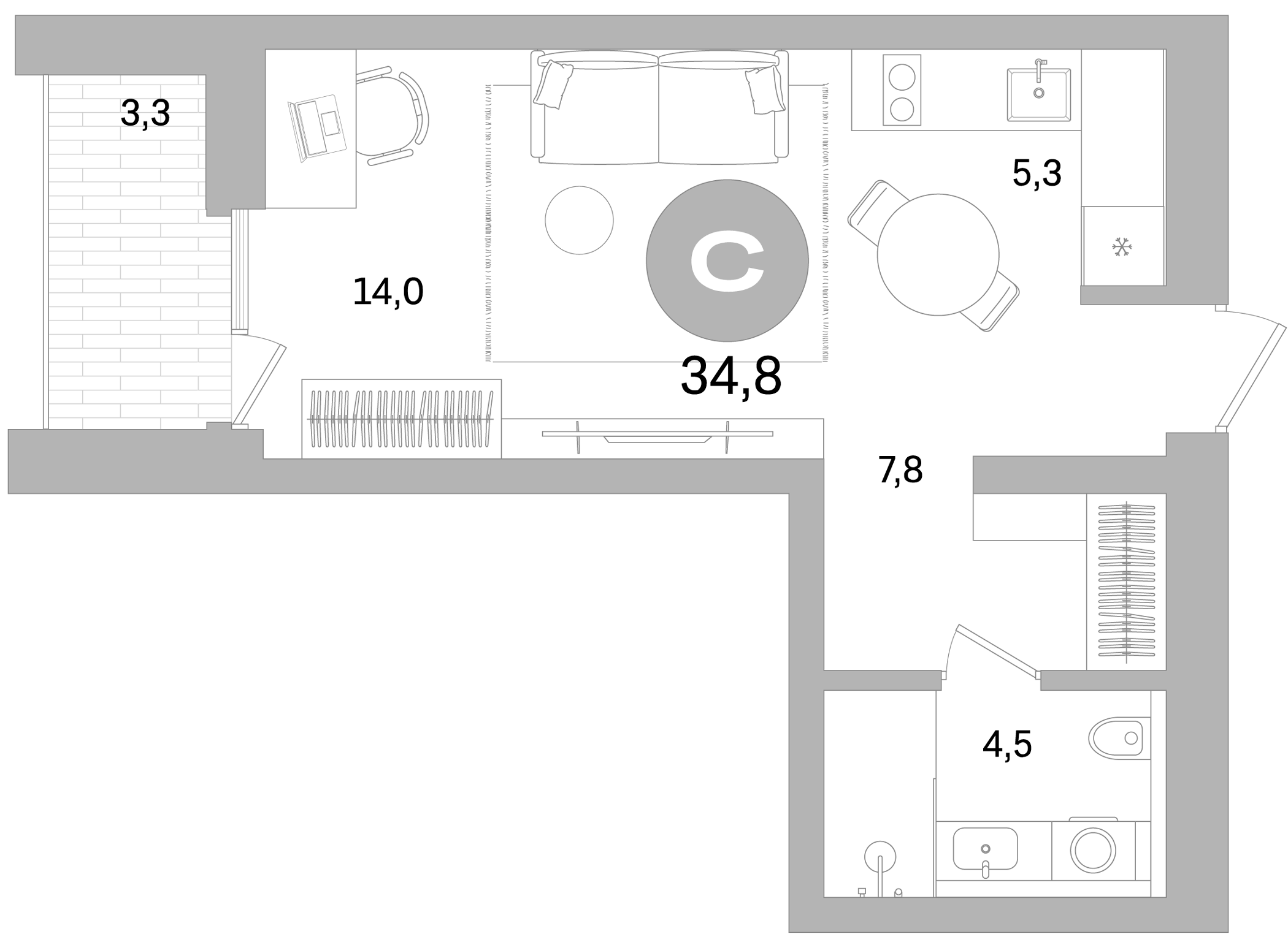 Планировка — Северный ветер, Студия, 32 м²